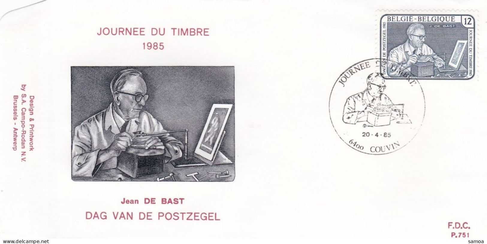 Belgique FDC 1985 2169 Journée Du Timbre Graveur Jean De Bast Couvin - 1981-1990