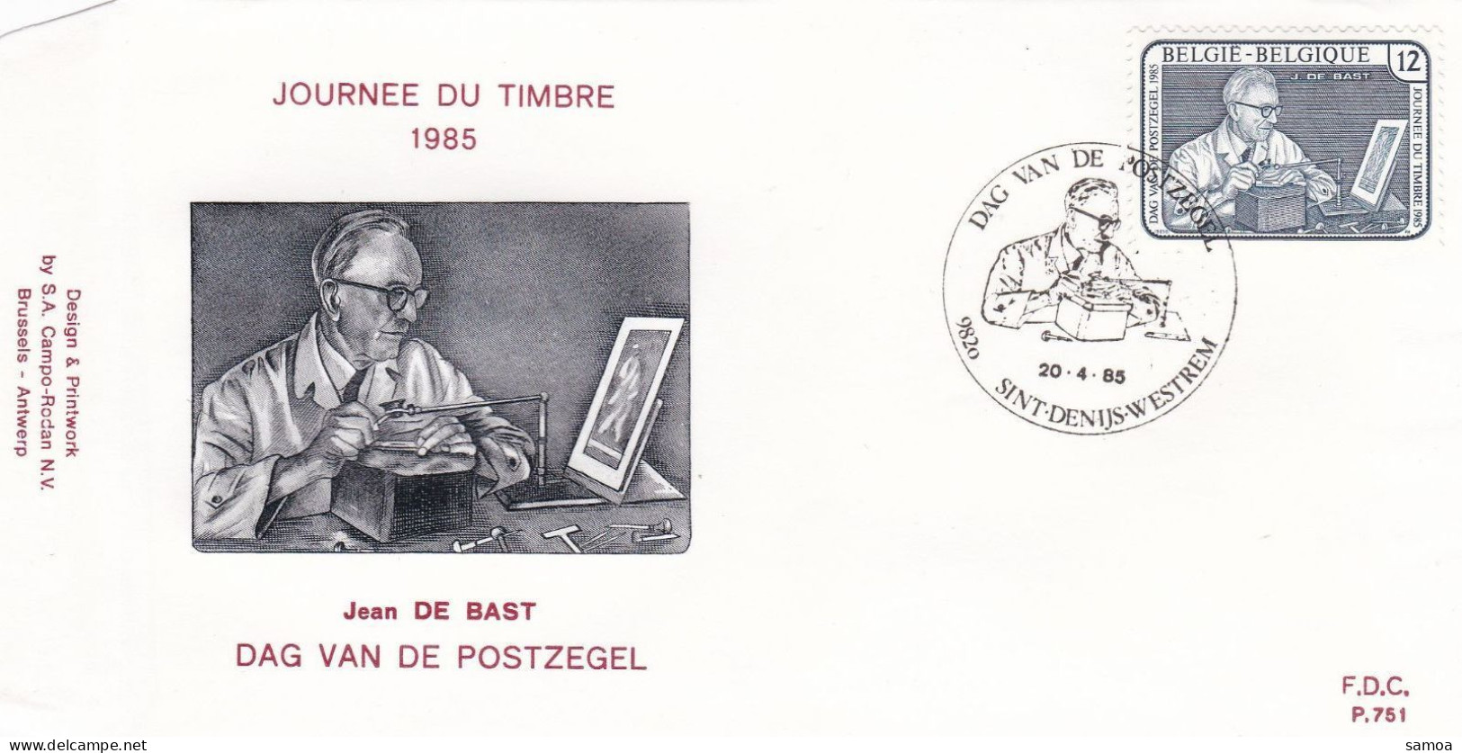 Belgique FDC 1985 2169 Journée Du Timbre Graveur Jean De Bast Sint-Denijs-Westrem - 1981-1990