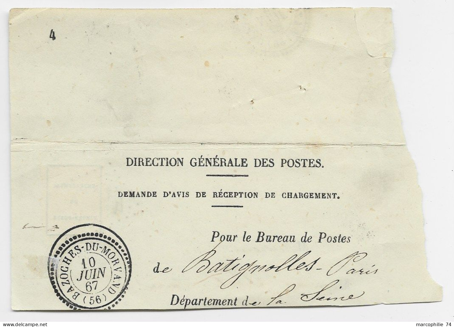 N° 21 GC 4415 FRAGMENT TYPE 22 BAZOCHES DU MORVAN 10 JUIN 1867 NIEVRE BELLE FRAPPE - 1849-1876: Klassieke Periode