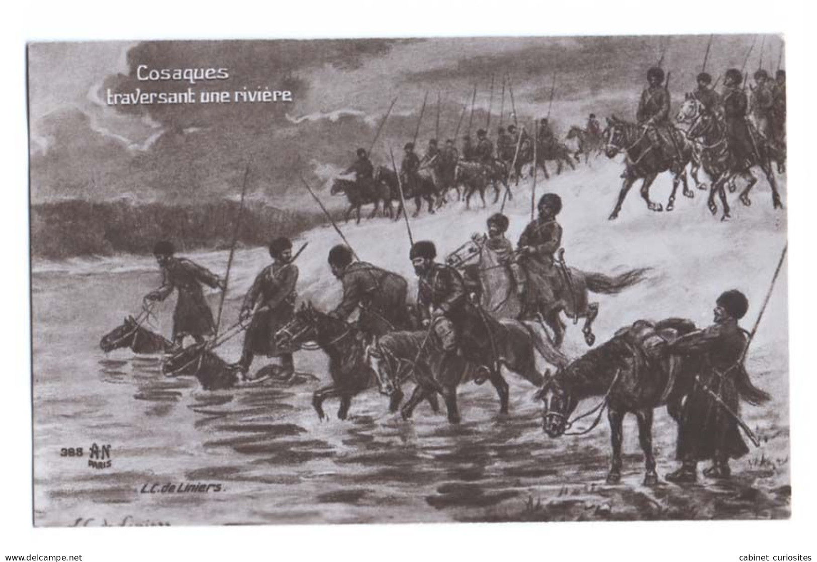 COSAQUES TRAVERSANT UNE RIVIÈRE - Illustration De L. C. De Liniers - Carte écrite En 1915 - Galerie Patriotique - War 1914-18