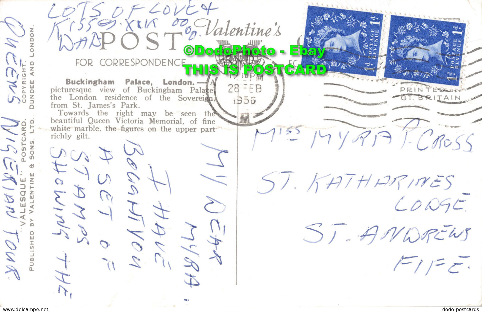 R455153 Buckingham Palace. London. H. 9146. Valesque Postcard. Valentines. 1956 - Sonstige & Ohne Zuordnung