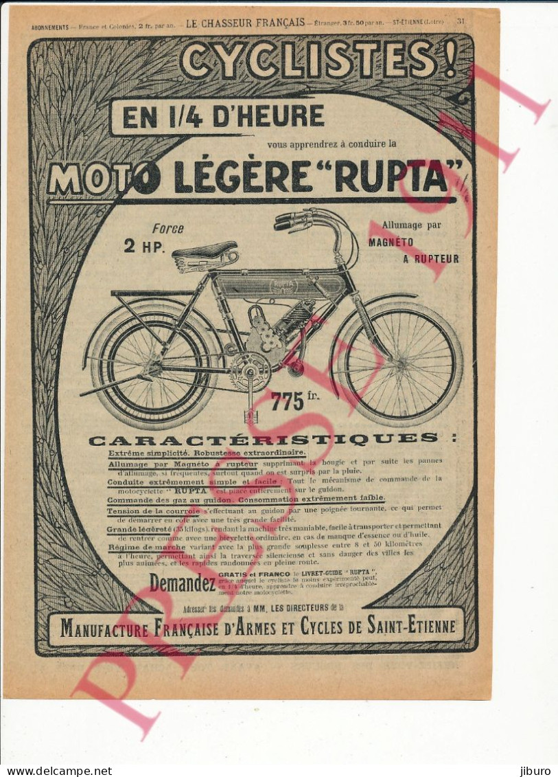 Publicité 1911 Moto Légère Rupta Motocyclette Ancienne Vintage 216CH22 - Werbung