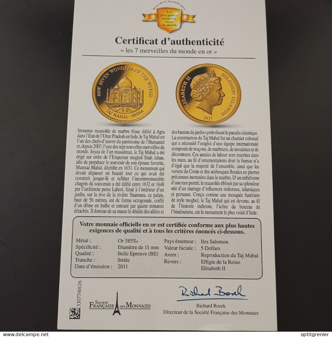 5 DOLLARS OR 2011 BE LE TAJ MAHAL SALOMON / GOLD / 0.5g Or 585 + CERTIFICAT - Salomon