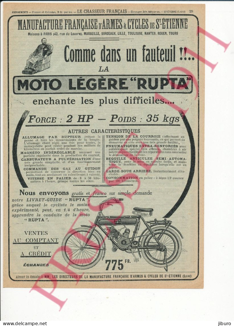 Publicité 1911 Moto Légère Rupta Motocyclette Ancienne Vintage 216CH22 - Werbung