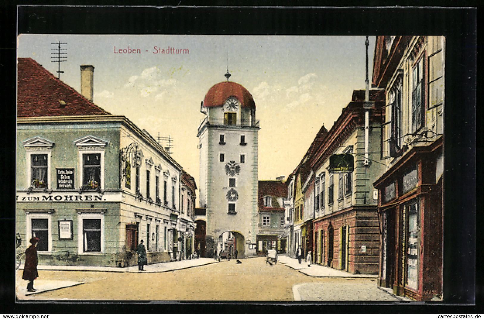 AK Leoben, Strassenpartie Mit Stadtturm Und Hotel Zum Mohren  - Autres & Non Classés