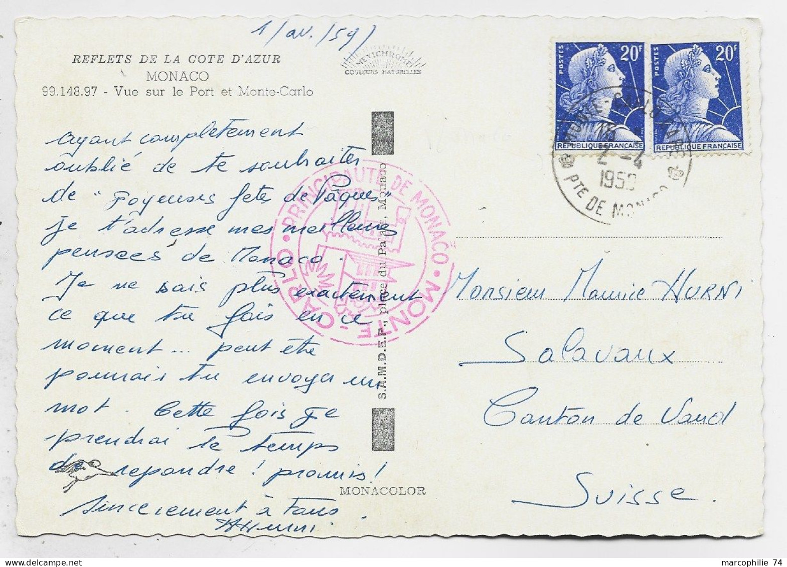 MULLER 20FRX2 CARTE TIMBRE A DATE MONTE CARLO  GARE 2.4.1959 PTE DE MONACO POUR SUISSE OBLITERATION RARE COTE 160€ - Poste Ferroviaire