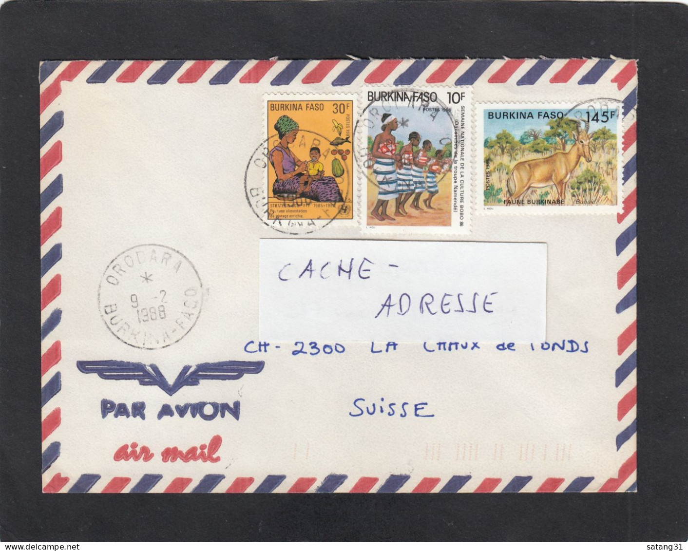 LETTRE D'ORODARA, AVEC TIMBRES " ALIMENTATION/DANSEUSES/FAUNE:BUBALE ", POUR LA SUISSE,1988. - Burkina Faso (1984-...)