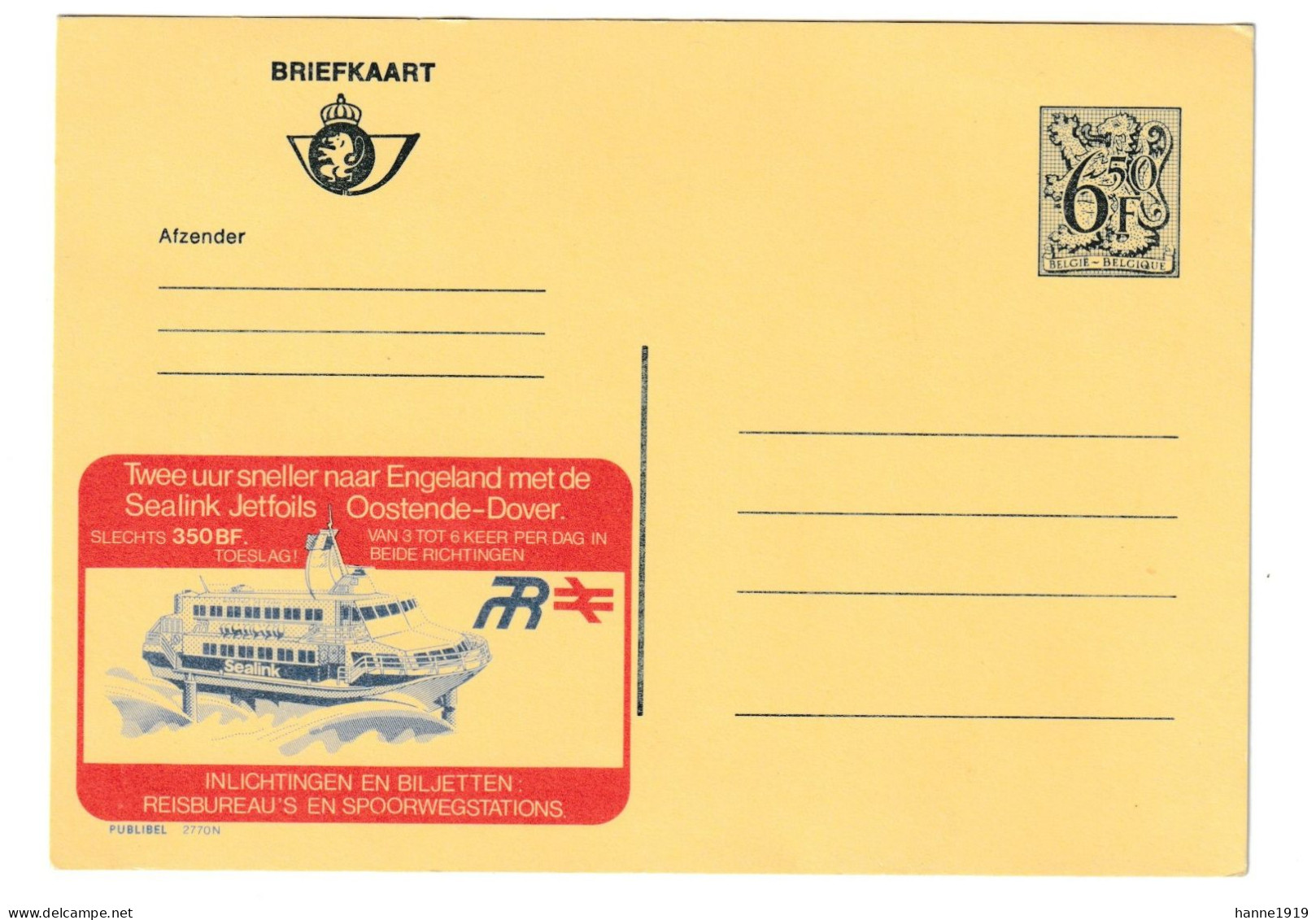 Sealink Jetfoils Oostende Dover Gele Briefkaart Belgie Belgique Htje - Publibels