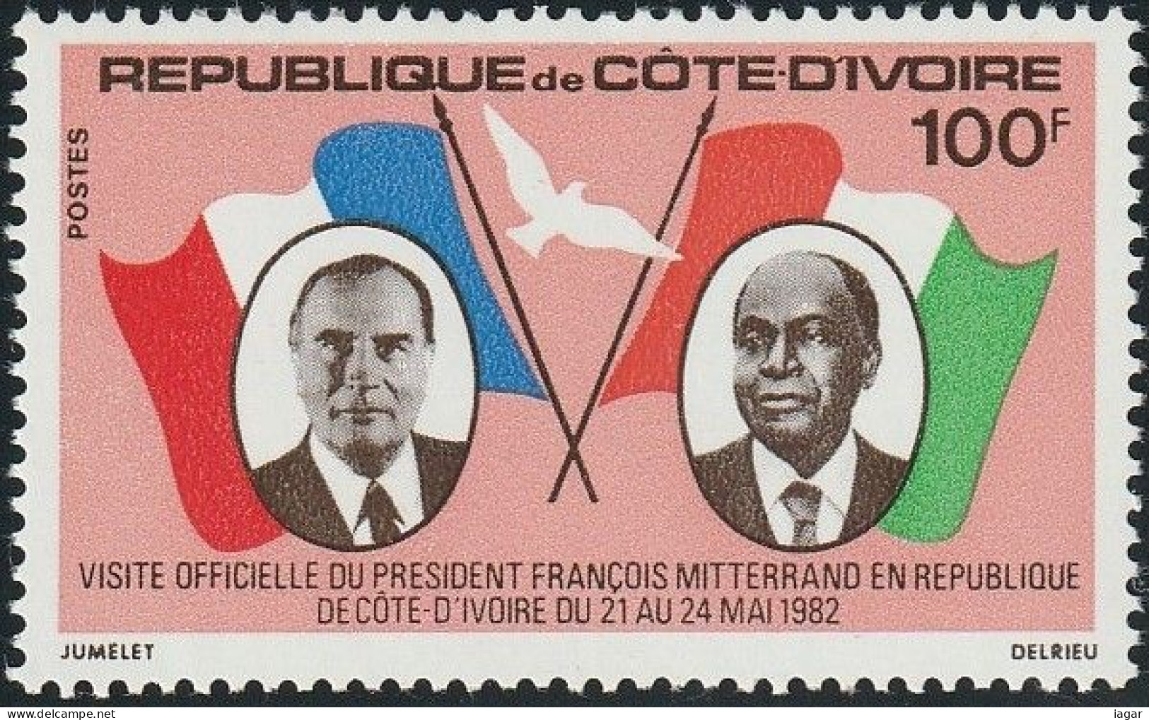 THEMATIC  FLAGS:  PORTRAITS OF PRESIDENTS MITTERRAND AND BOIGNY AND FLAGS OF THE TWO STATES   -  COTE D'IVOIRE - Timbres