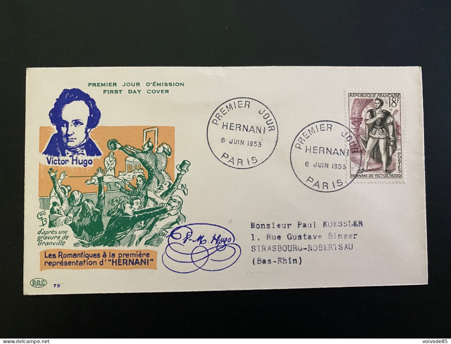 Enveloppe 1er Jour "Victor Hugo - Hernani" - 06/06/1953 - 944 - 1950-1959