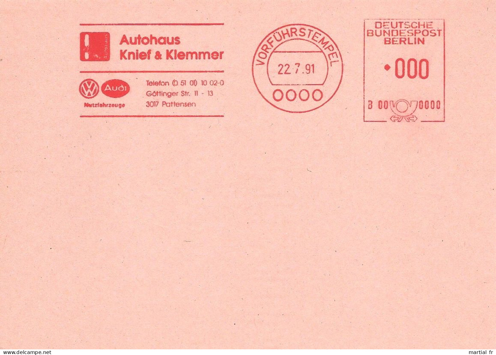 EMA SPECIMEN ALLEMAGNE DEUTSCHLAND GERMANY AUTOMOBILE VOITURE CAR AUTO AUDI VW V.W. VOLKSWAGEN PATTENSEN UTILITAIRE - Cars