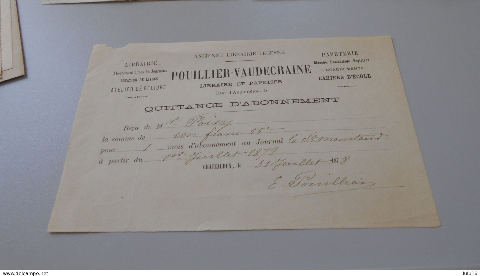 CHATEAUDUN  POUILLER  VAUDECRAINE QUITTANCE D ABONNEMENT - 1800 – 1899