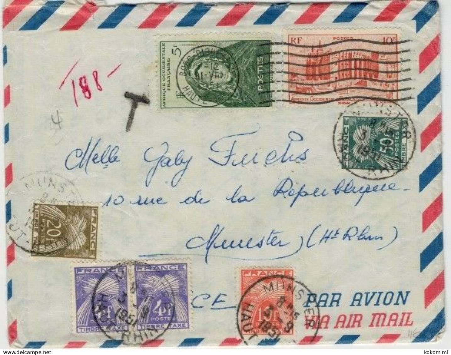 Lac De Haute Volta Pour MUNSTER ( Ht Rhin) Taxée Avec 4 Timbres Taxe Différents 3/9/51 - Lettres & Documents