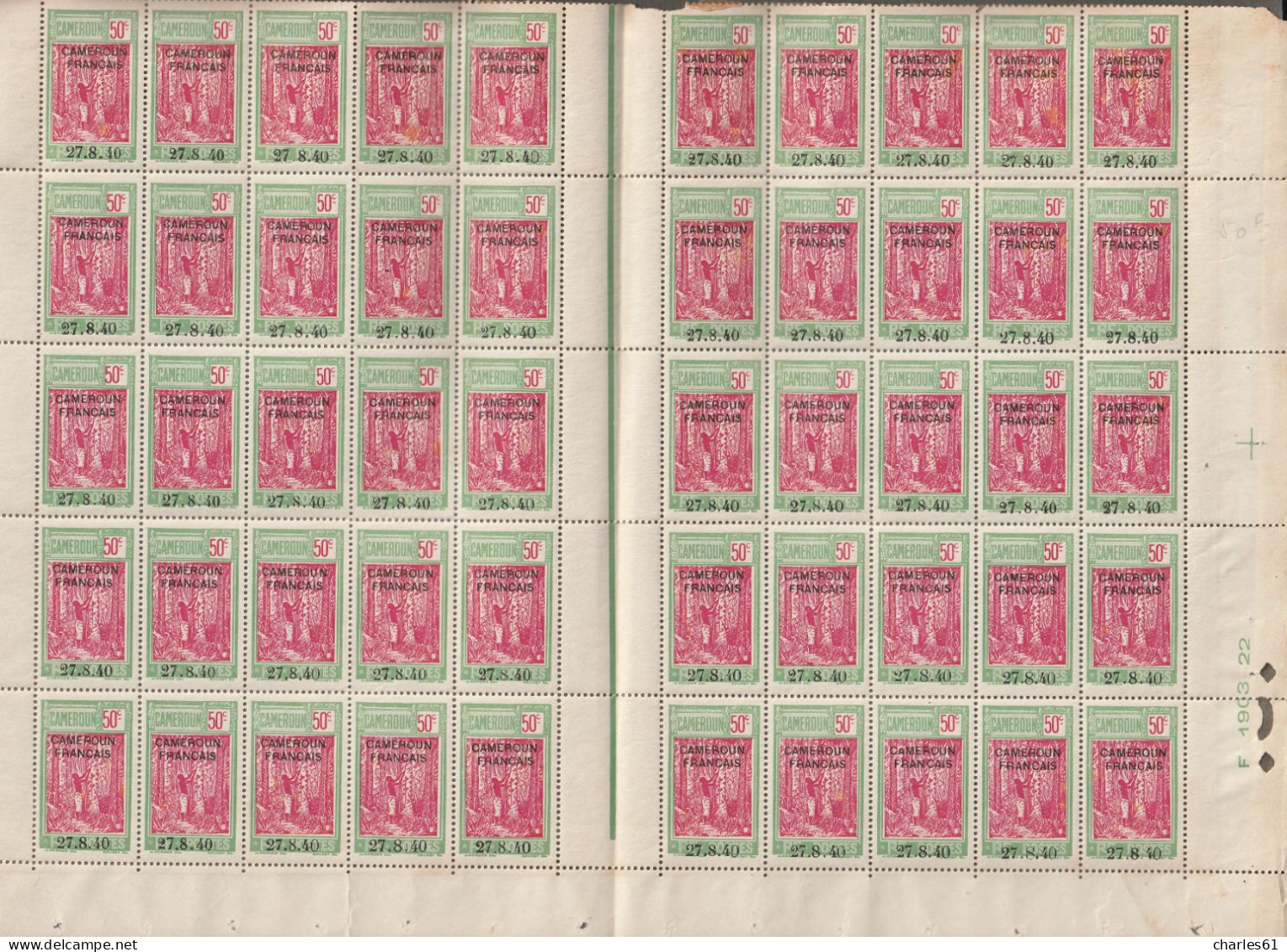 CAMEROUN - N°202b ** (1940) Panneau De 50 Timbres : Variété "2 De 27 Plus Petit Et Bouclé" - Ungebraucht