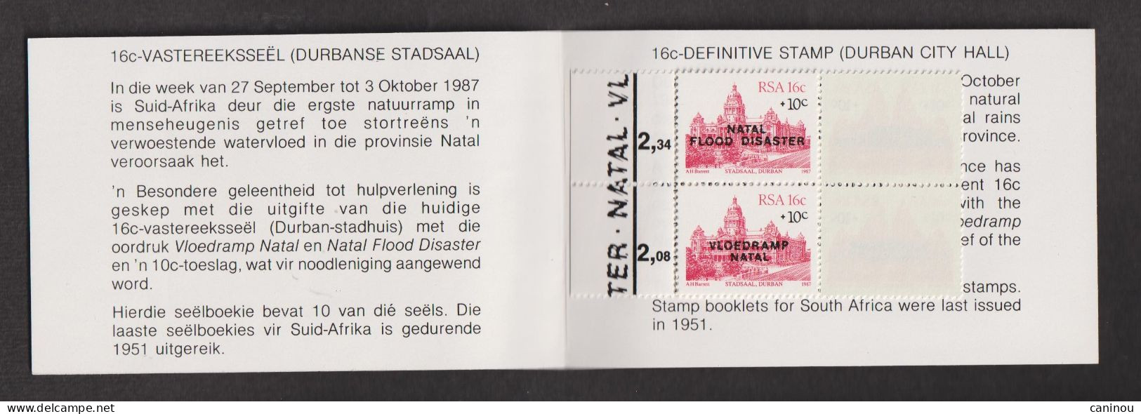 AFRIQUE DU SUD   Y & T CARNET HOTEL DE VILLE DURBAN SURCHARGE INONDATIONS NATAL 1987 NEUF - Libretti