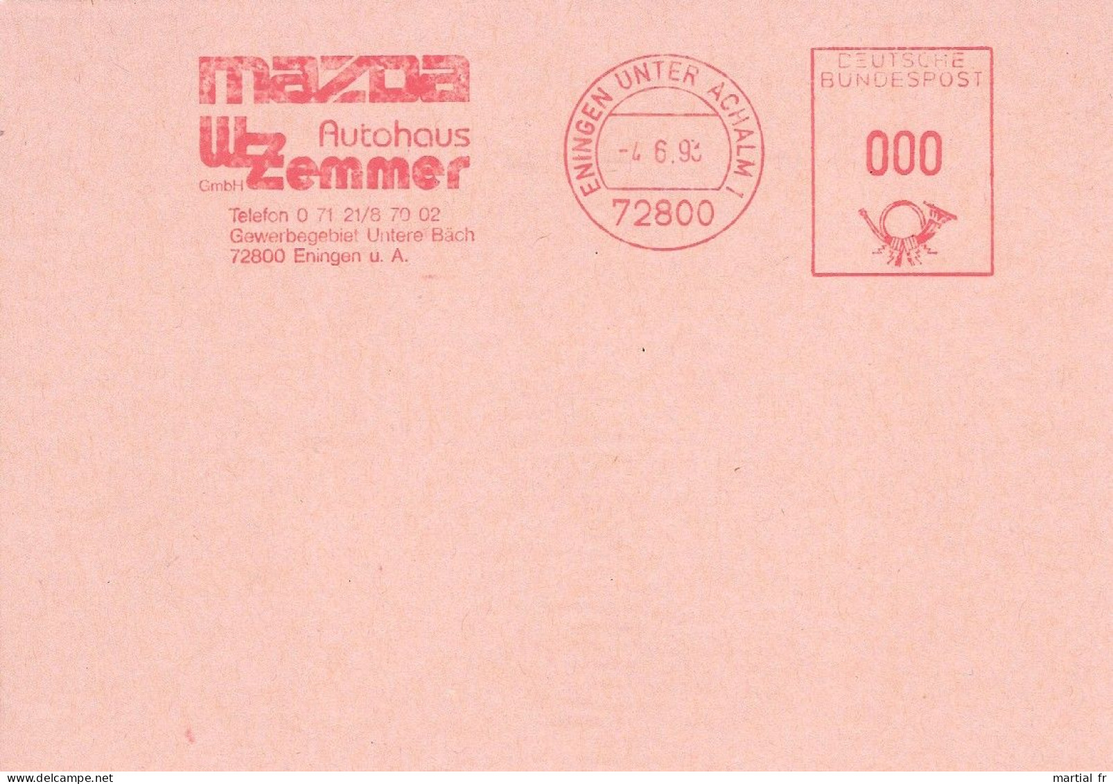 EMA SPECIMEN ALLEMAGNE NINGEN ACHALM MAZDA VORFUHRSTEMPEL AUTO AUTOMOBILE VOITURE CAR RED METER STAMP ESSAY ZEMMER - Cars