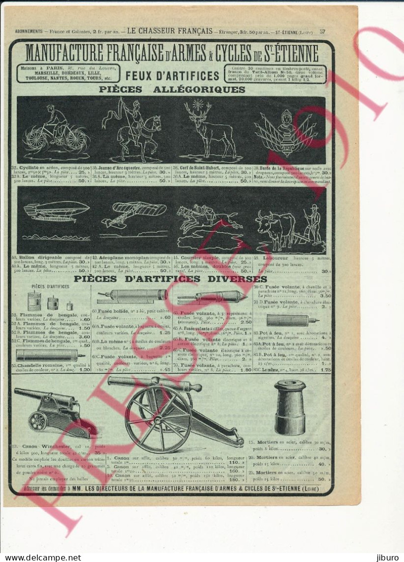 Publicité 1910 Feux D'artifice Cycliste Jeanne D'Arc Cerf St-Hubert Buste République Ballon Dirigeable Canons Mortiers - Reclame