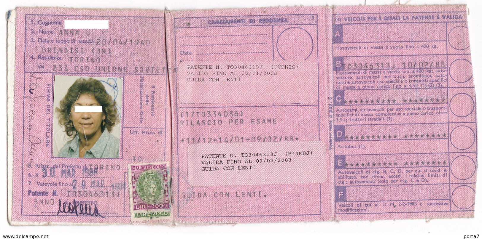 PATENTE  DI GUIDA - PERMIS DE CONDUIRE - TORINO - ANNO 1988 - MARCA DA 70.000 LIRE - Non Classés