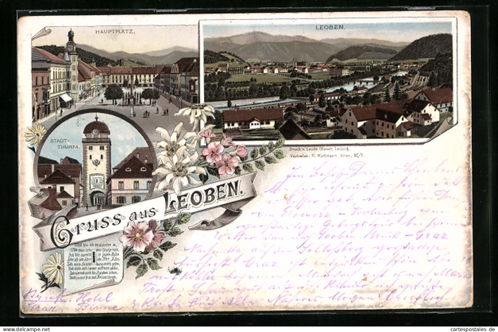 Vorläufer-Lithographie Leoben, 1894, Stadtthurm, Hauptplatz, Panorama  - Autres & Non Classés