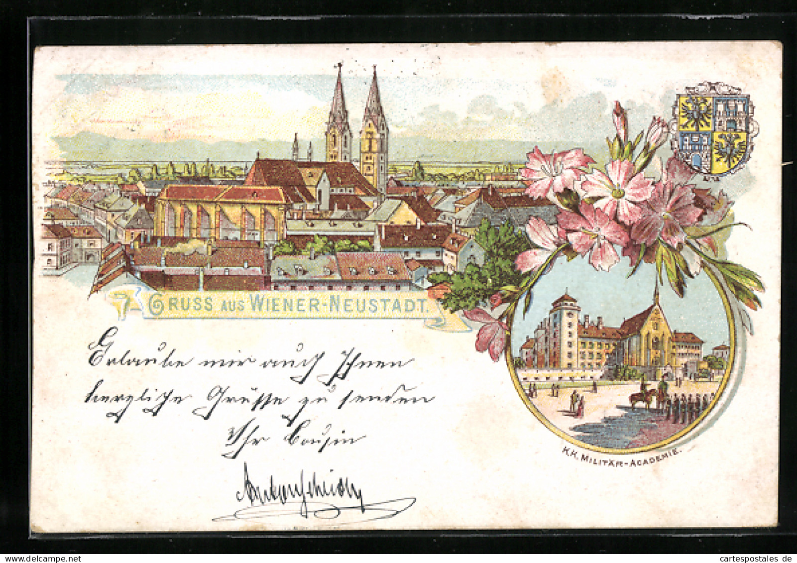 Lithographie Wiener Neustadt, K. K. Militärakademie, Stadtpanorama, Wappen  - Other & Unclassified