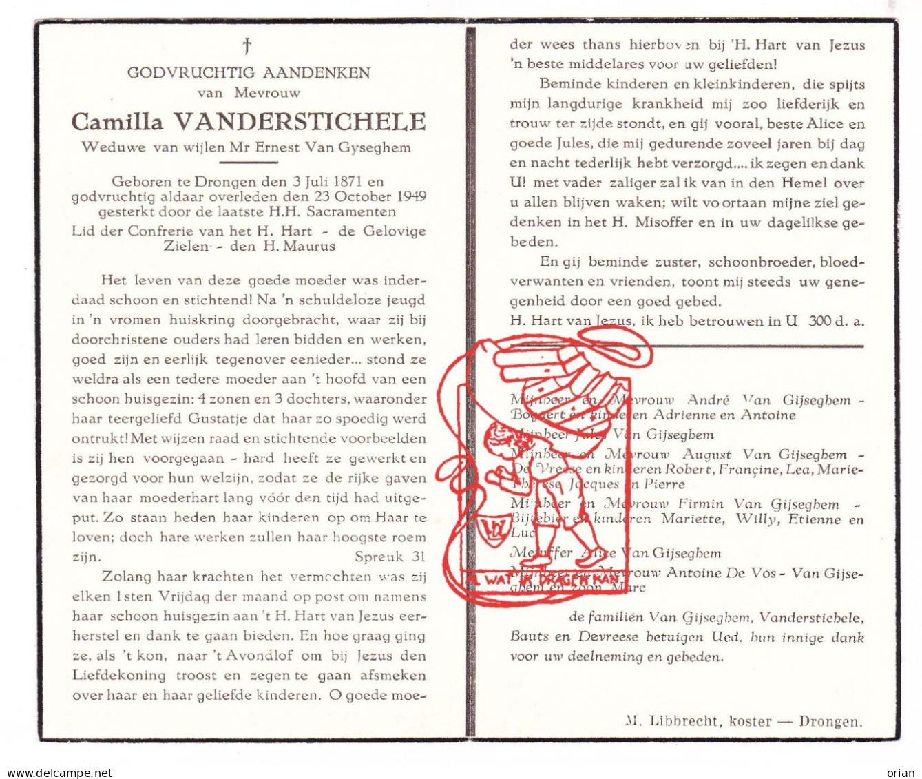 DP Camilla Vanderstichele ° Drongen Gent 1871 † 1949 X Ernest Van Gyseghem // Bogaert De Vreese Bijtebier De Vos Bauts - Devotion Images