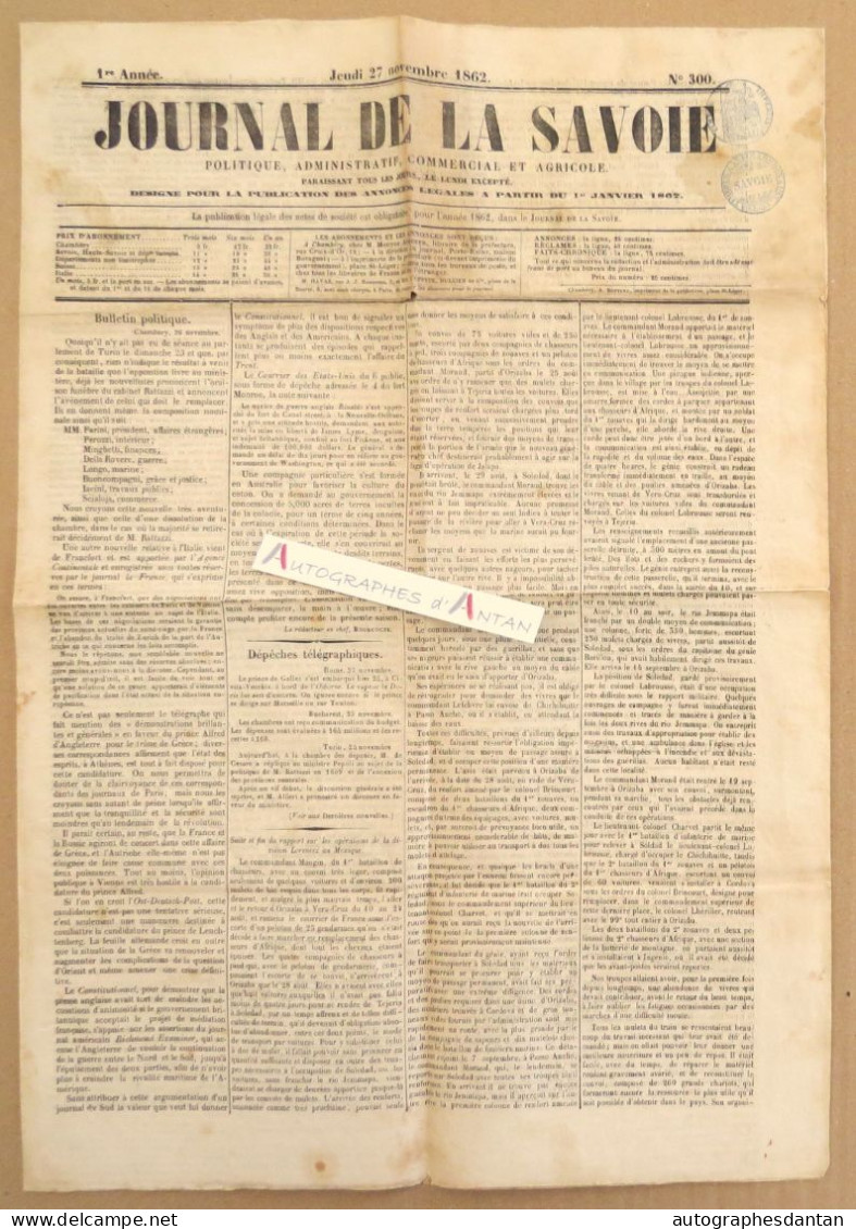 ● Journal De La SAVOIE - 27 Novembre 1862 - N°300 1è Année - 2 Cachets - Cf 4 Photos - 1850 - 1899