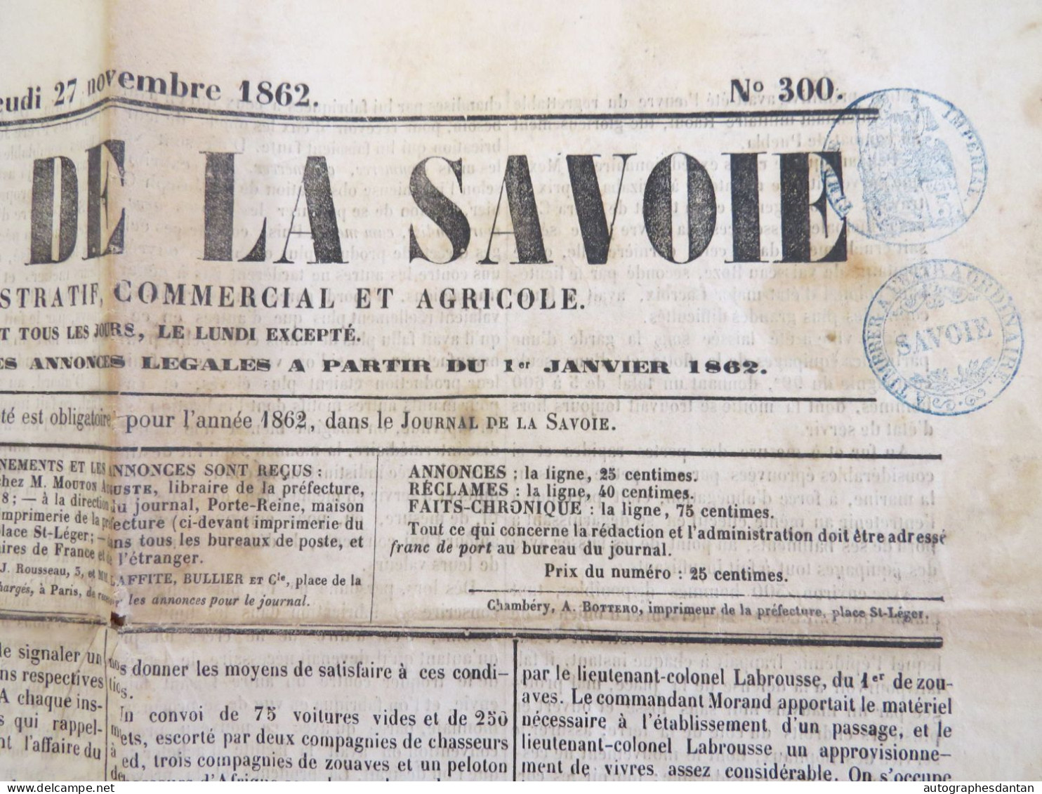 ● Journal De La SAVOIE - 27 Novembre 1862 - N°300 1è Année - 2 Cachets - Cf 4 Photos - 1850 - 1899