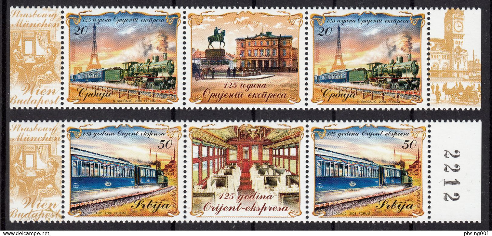 Serbia 2008 125 Anniversary Of The Orient Express Trains Locomotive Railways Eiffel Tower Paris France, Middle Row MNH - Trains