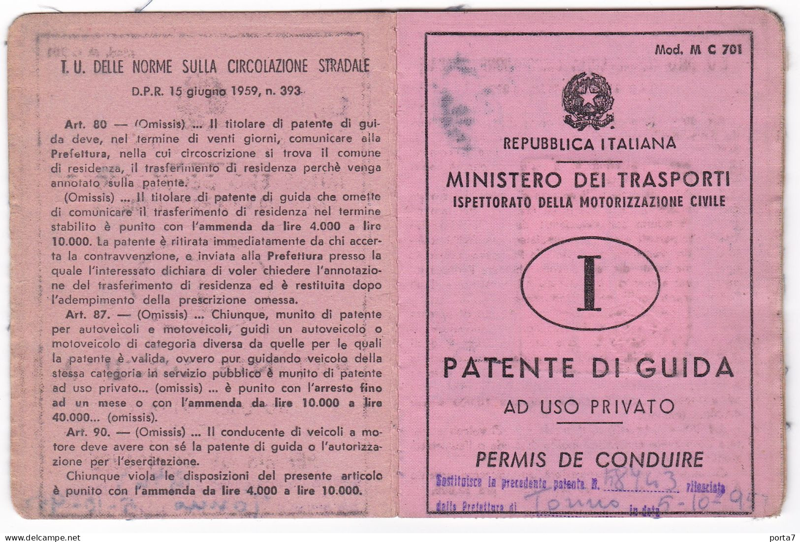 PATENTE  DI GUIDA - PERMIS DE CONDUIRE - TORINO - ANNO 1961 - MARCHE DA BOLLO - Ohne Zuordnung