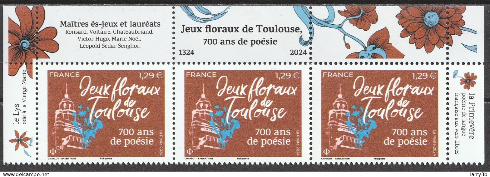 2024 - Y/T 5xxx - "JEUX FLORAUX DE TOULOUSE – 700 ANS DE POÉSIE" - BLOC 3 ISSU HAUT FEUILLET 1,29 € - NEUF ** MNH - Neufs