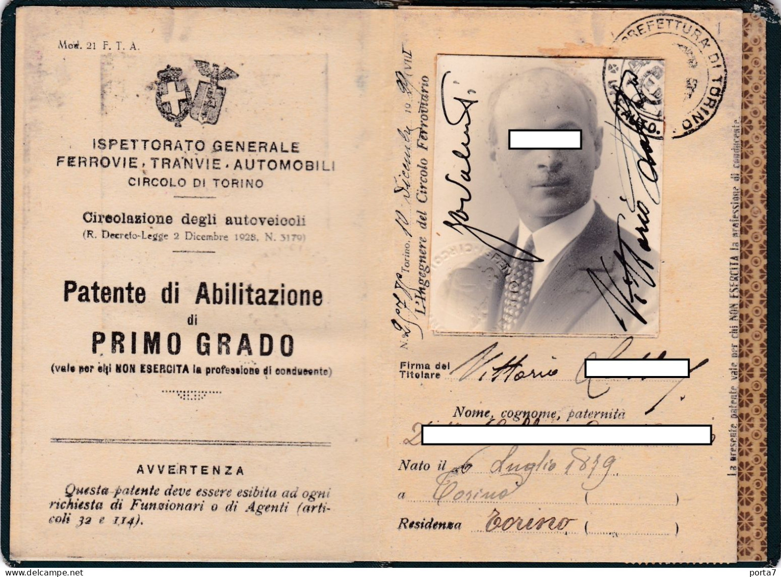 PATENTE  DI GUIDA - PERMIS DE CONDUIRE - TORINO - ANNO 1929 - MARCHE DA BOLLO - TIMBRI - Unclassified