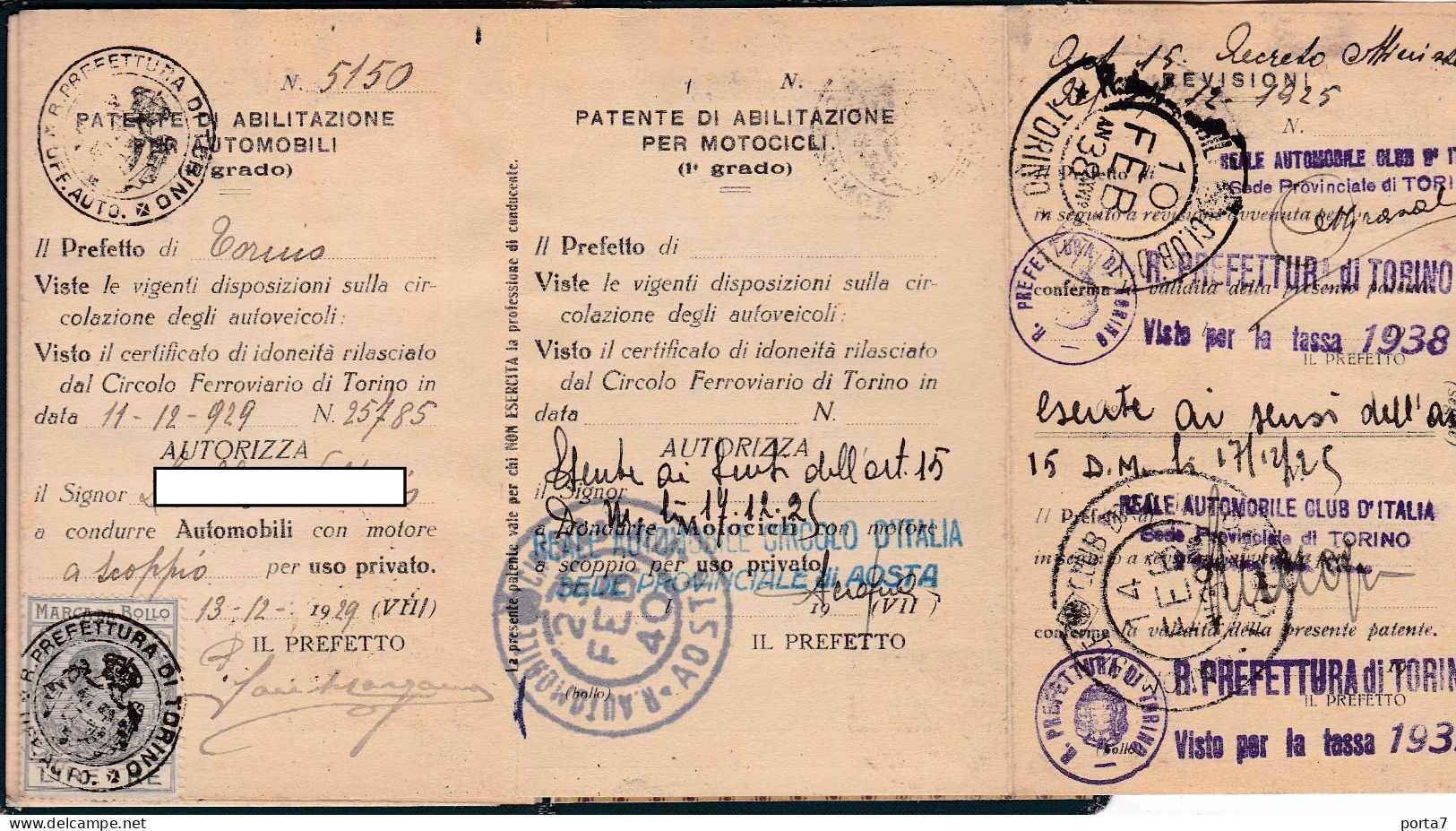 PATENTE  DI GUIDA - PERMIS DE CONDUIRE - TORINO - ANNO 1929 - MARCHE DA BOLLO - TIMBRI - Non Classés