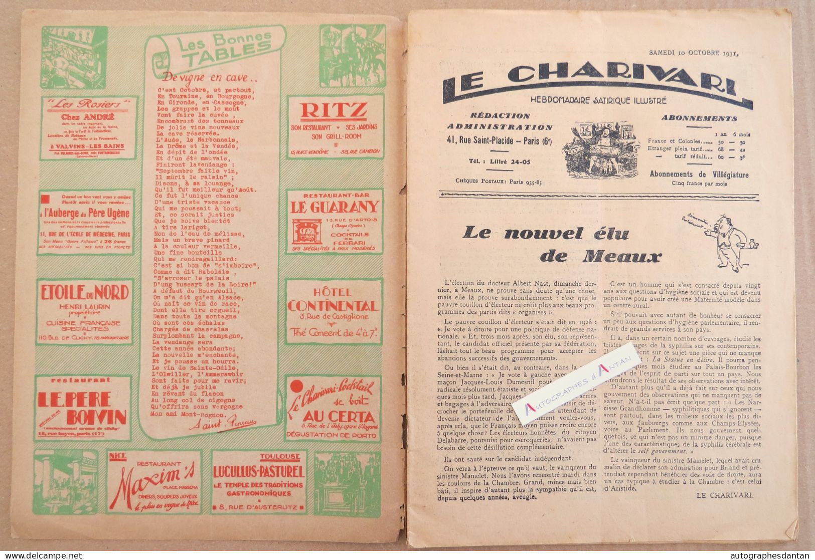 ● LE CHARIVARI - 10 Octobre 1931 - LAVAL - Dessin Bogislas - Le Nouvel élu De MEAUX Cf 4 Photos - Hebdomadaire Satirique - Other & Unclassified