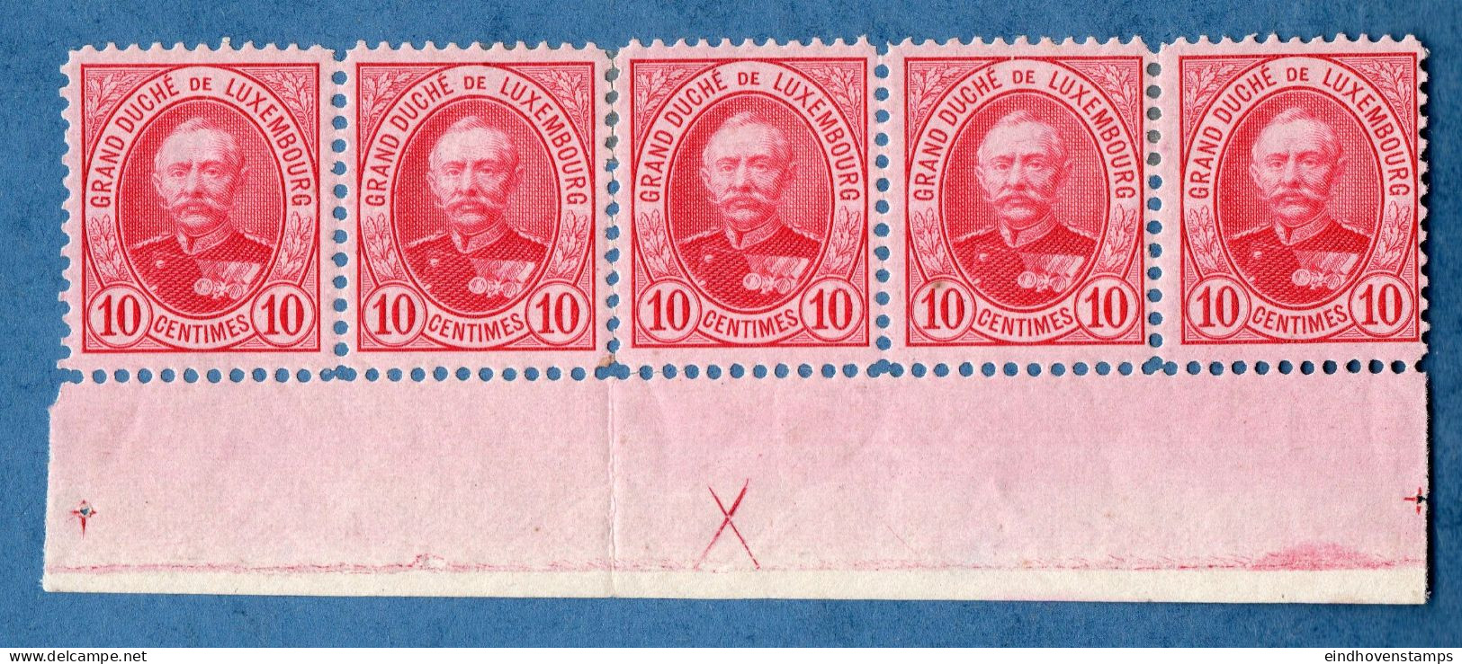 Luxemburg 1891, 10 C Adolf 5-strip With Full Sheet Edge Perforated 11½ MH - 1906 Guillaume IV