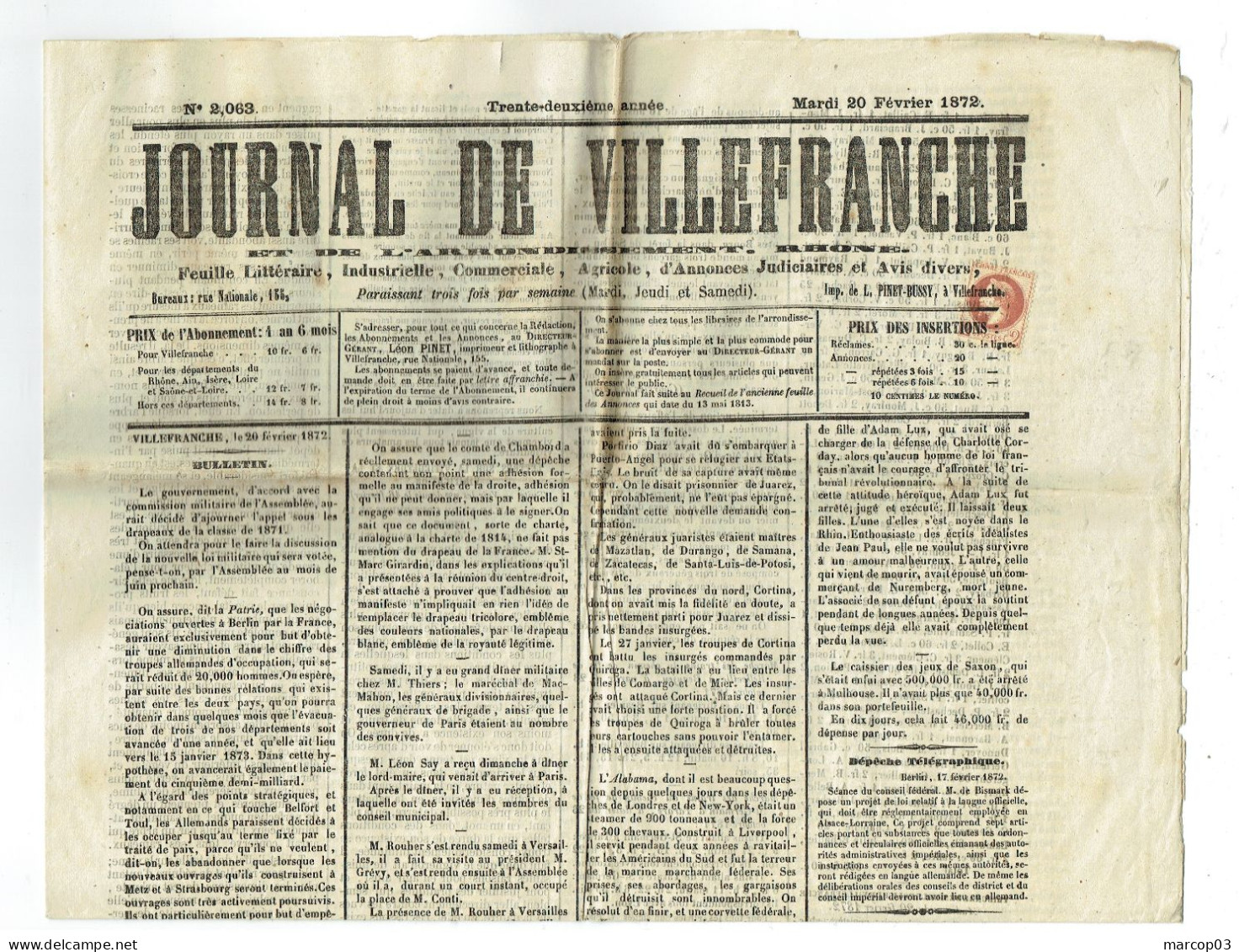 69 RHONE Journal De Villefranche Du 20/02/1872 2 C Empire N° 26 Obl Typo Journal Complet SUP - Kranten