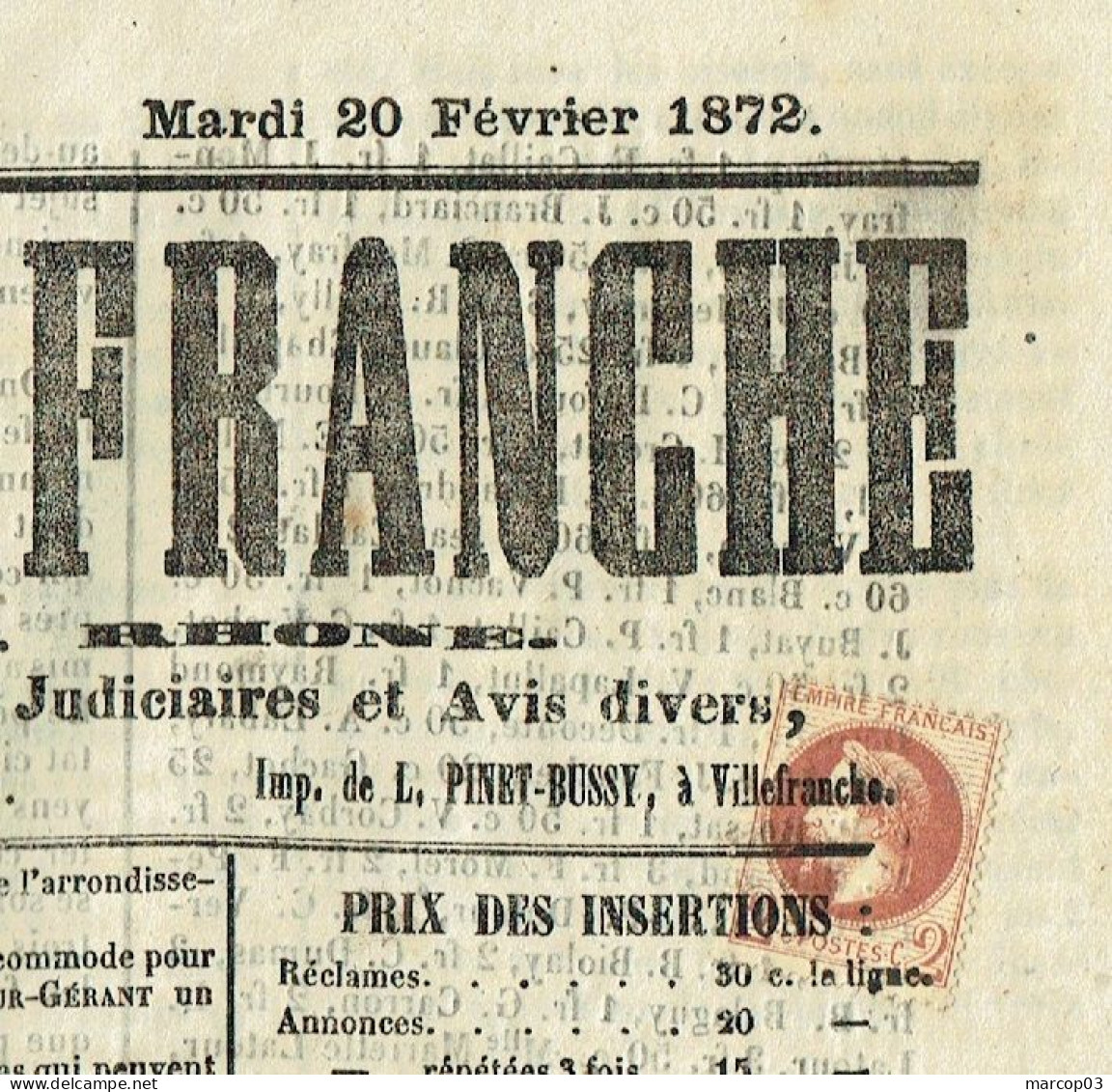 69 RHONE Journal De Villefranche Du 20/02/1872 2 C Empire N° 26 Obl Typo Journal Complet SUP - Kranten