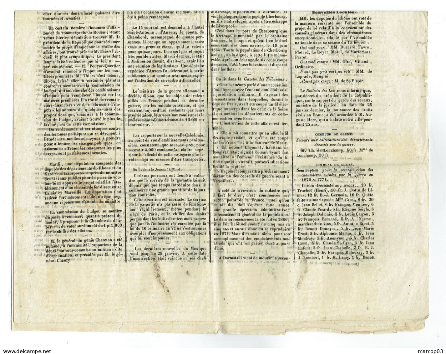 69 RHONE Journal De Villefranche Du 20/02/1872 2 C Empire N° 26 Obl Typo Journal Complet SUP - Zeitungsmarken (Streifbänder)