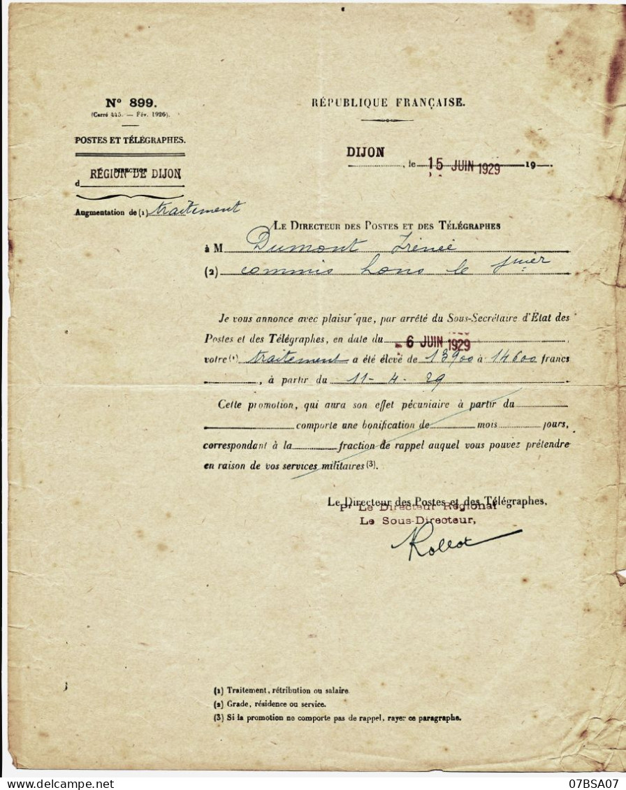 COTE D'OR JURA DOC 1929 LETTRE REGION POSTES DIJON AUGMENTATION TRAITEMENT DUMONT COMMIS POSTES LONS LE SAUNIER JURA - Documentos Históricos