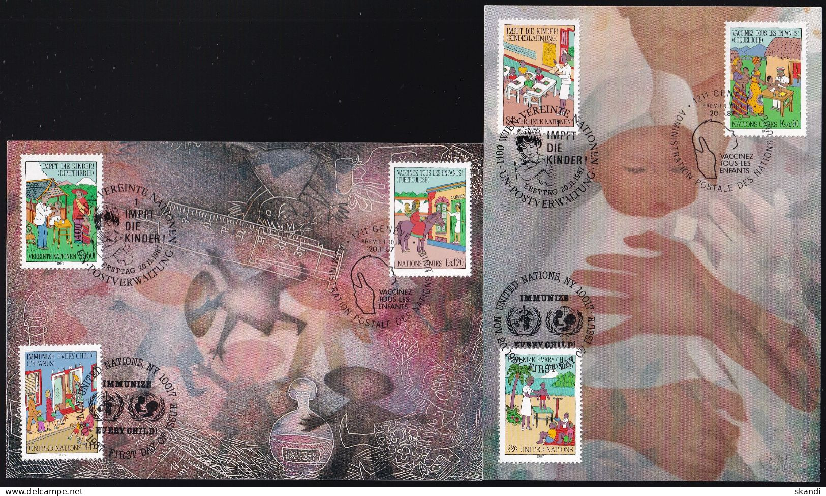 UNO NEW YORK - WIEN - GENF 1987 Trio-Maximumkarten MK/MC Kampagne Für Kinderschutzimpfungen - New York/Geneva/Vienna Joint Issues