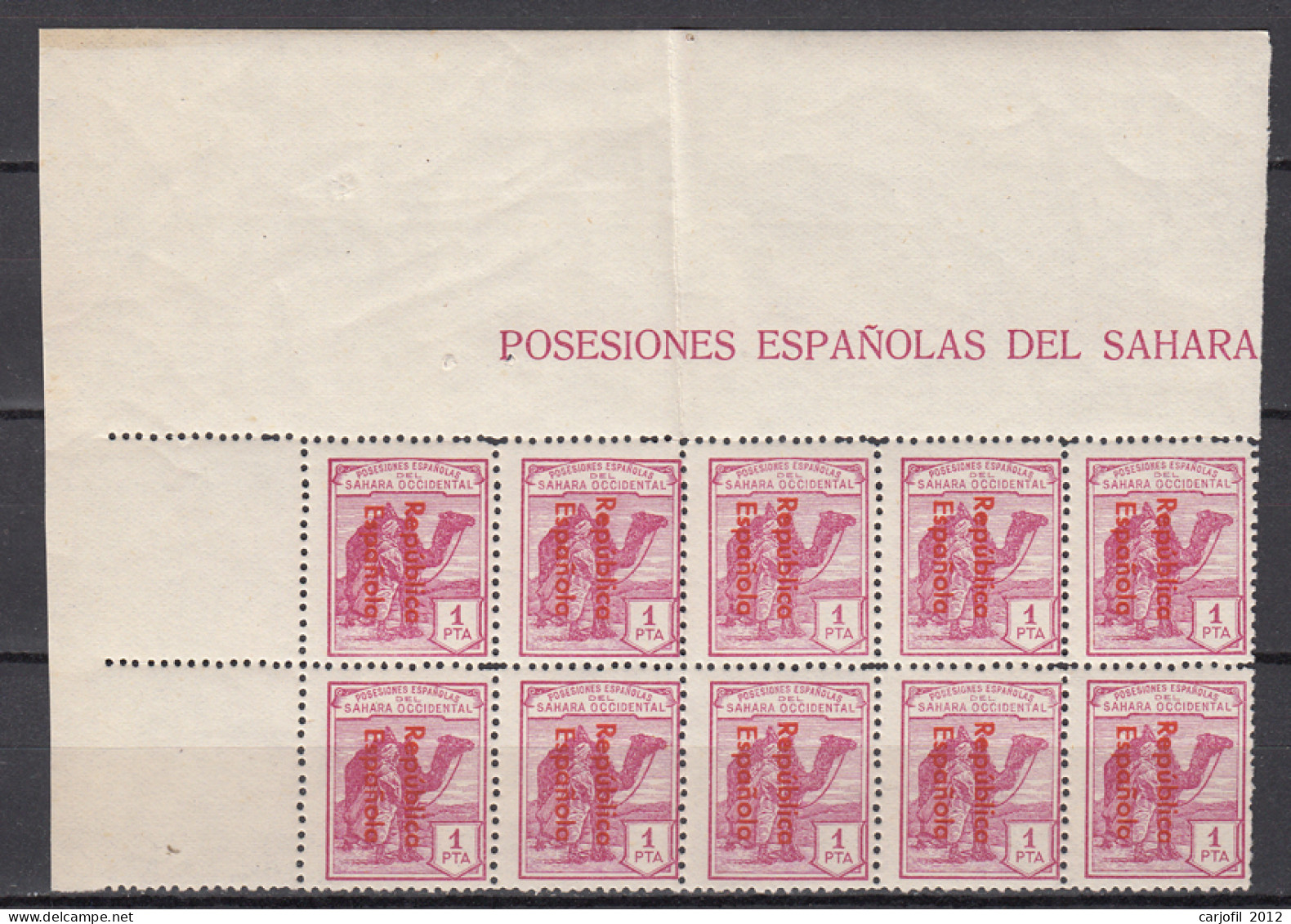 Sahara Variedades 1932 Edifil 45Ahcc ** Mnh Bonito Bloque De 10 Sellos Con Cabec - Spaanse Sahara