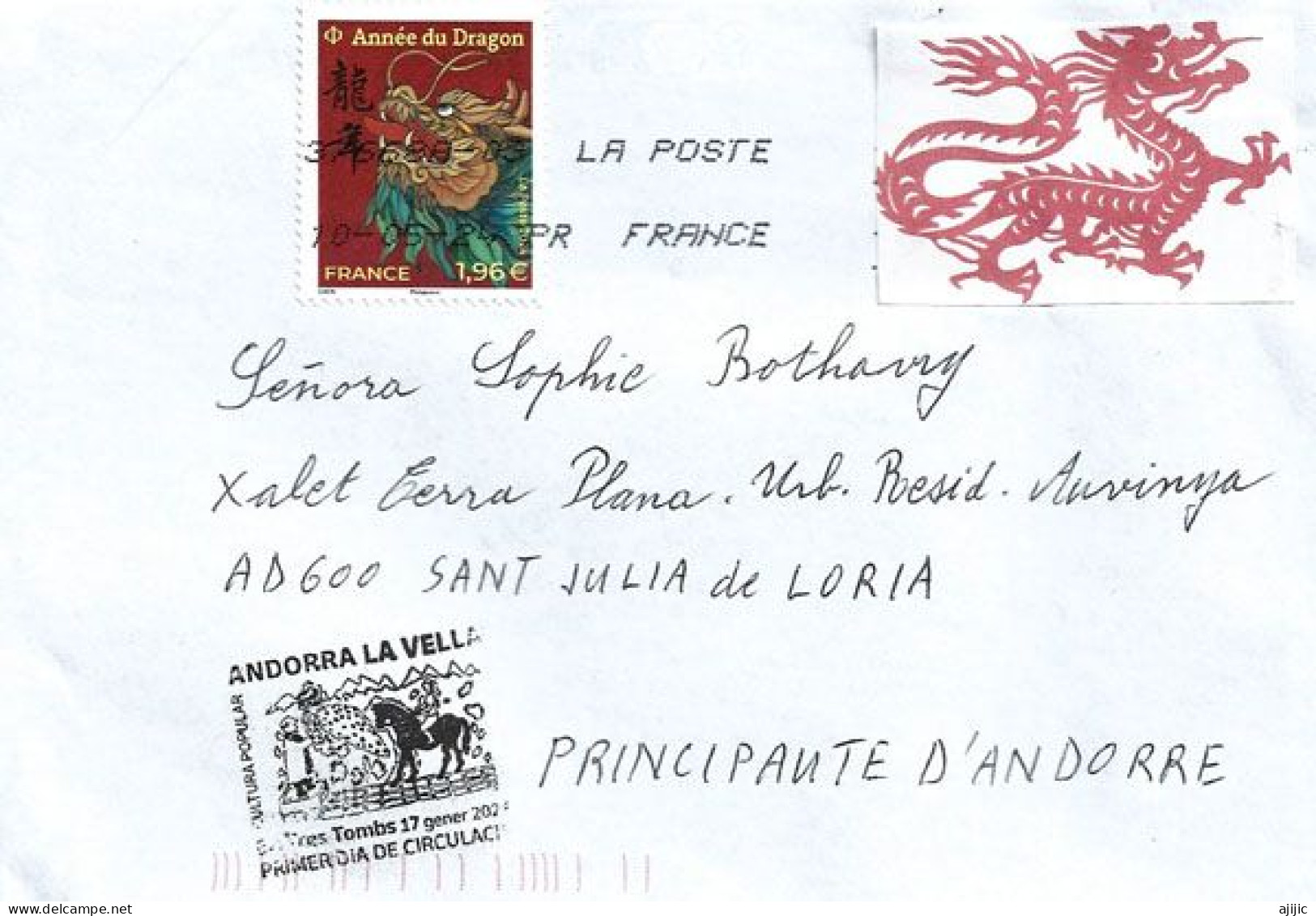 FRANCE. YEAR OF THE DRAGON 2024, Letter To Andorra, With Andorra Arrival Postmark - Nouvel An Chinois