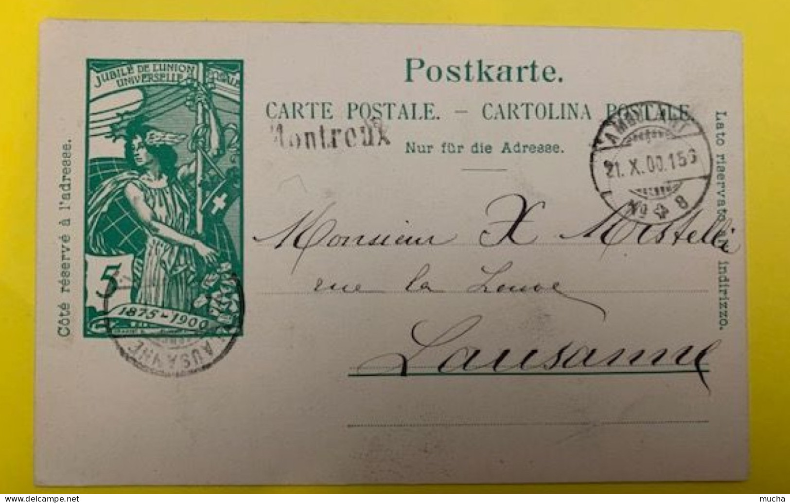 20402 - Entier Postal  UPU 5ct Ambulant No 8 21.10.1900  Cachet Linéaire Montreux - Entiers Postaux