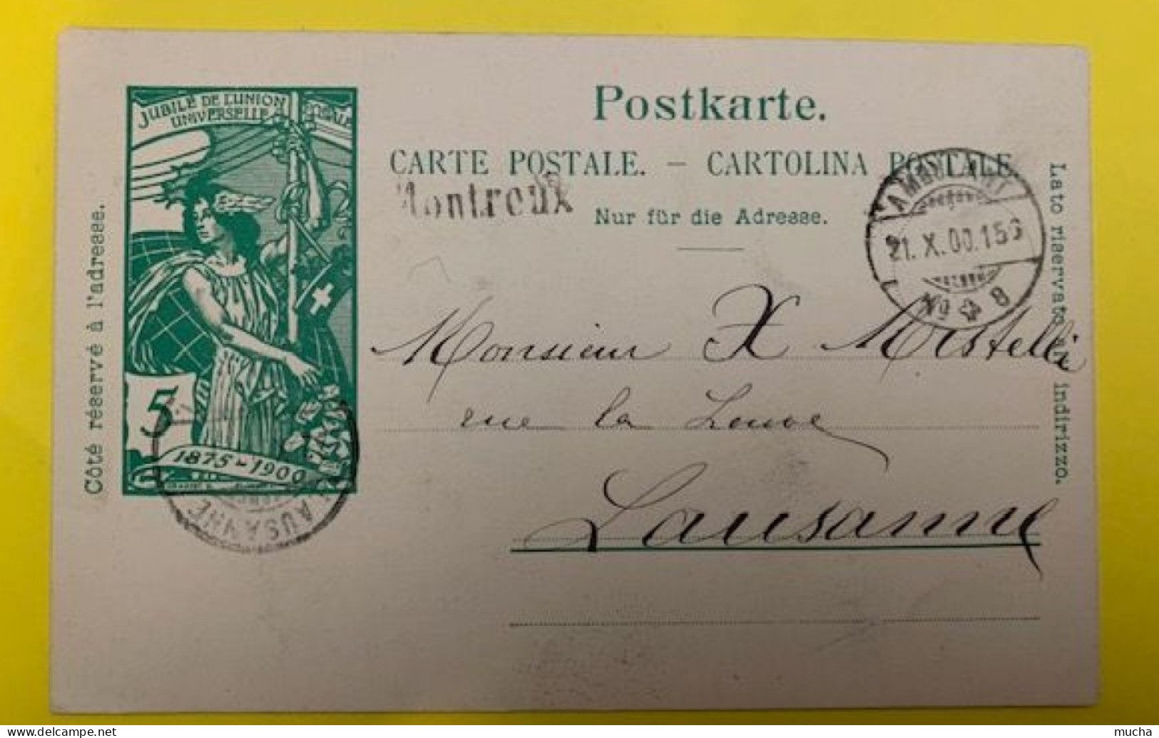 20402 - Entier Postal  UPU 5ct Ambulant No 8 21.10.1900  Cachet Linéaire Montreux - Postwaardestukken