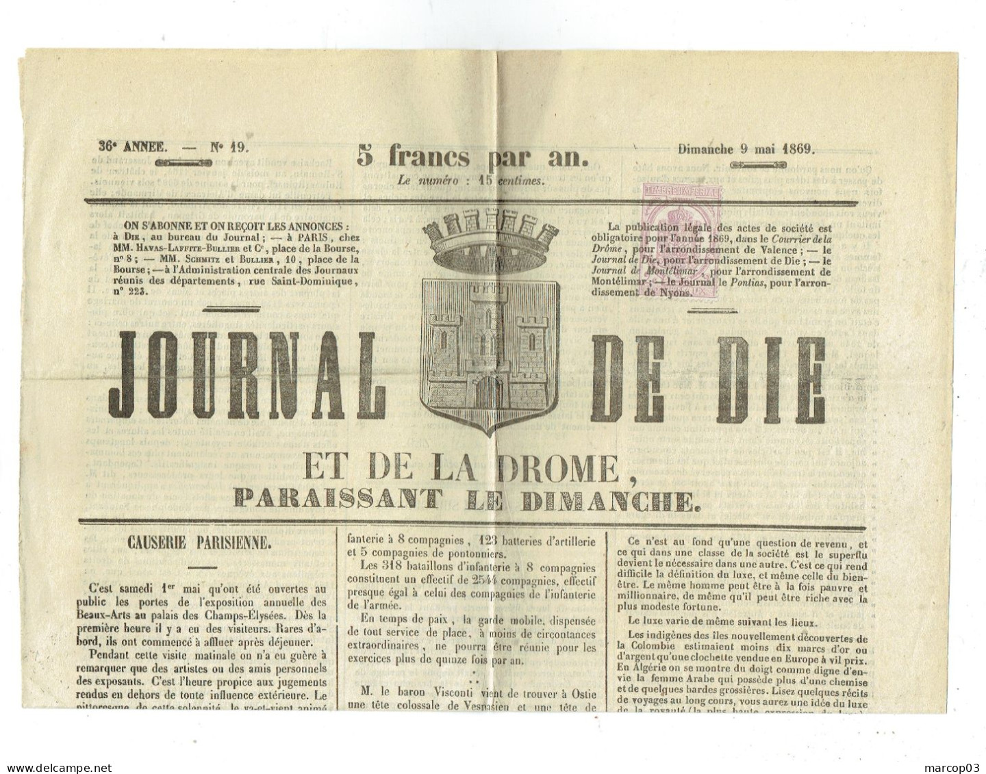 26 DROME Journal De Die Du 09/05/1869 Timbre De 2 C Violet Dentelé Journal Obl Typo Journal Complet SUP - Kranten