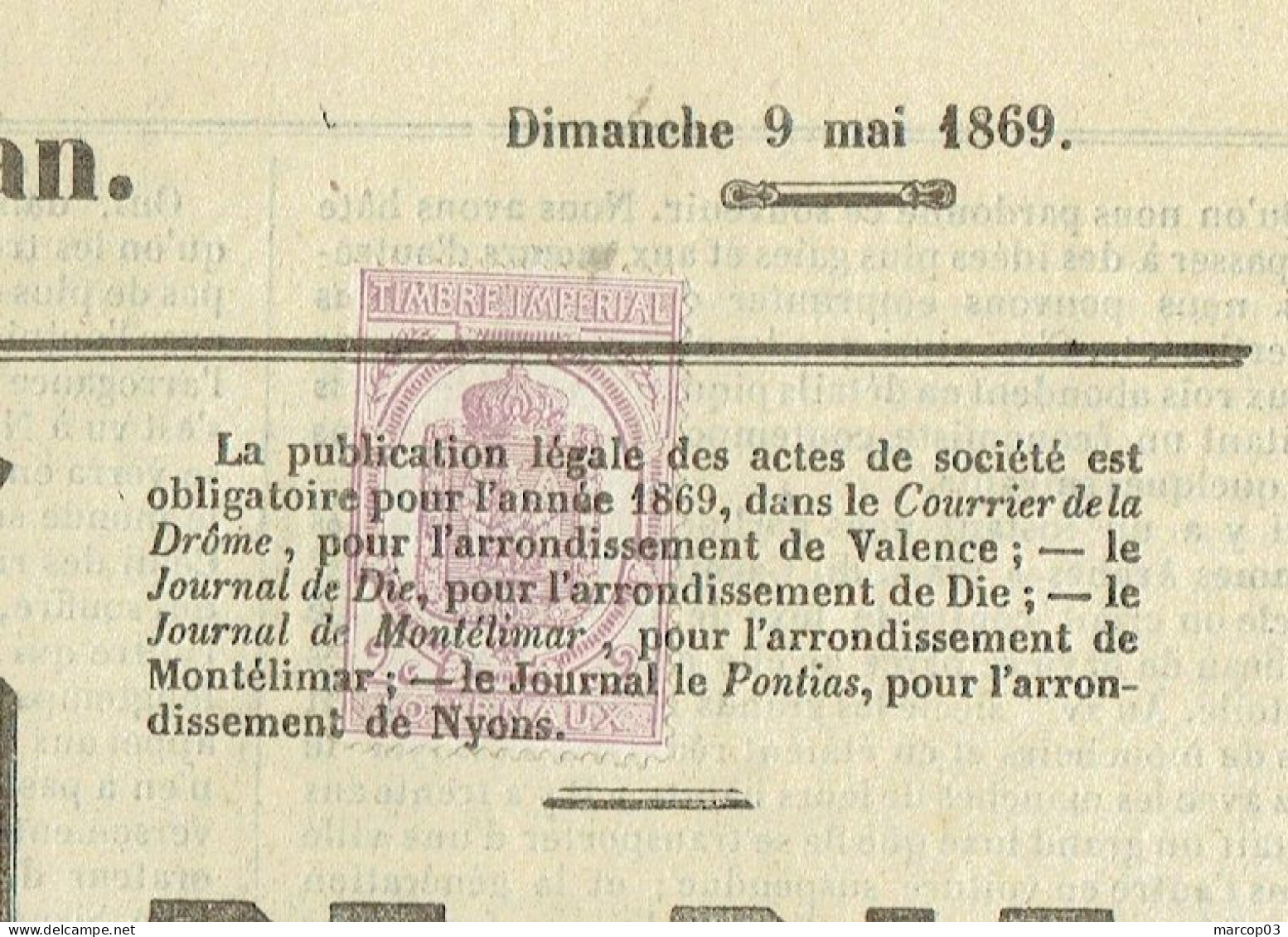 26 DROME Journal De Die Du 09/05/1869 Timbre De 2 C Violet Dentelé Journal Obl Typo Journal Complet SUP - Journaux