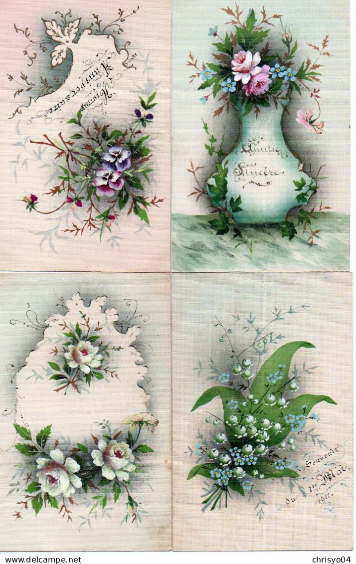 4V4Sb   Lot De 8 Cpa Toilées Colorisées Peintes Fleurs Oiseaux Paysages Souhaits Fêtes Diverses Même Correspondance - Collections & Lots