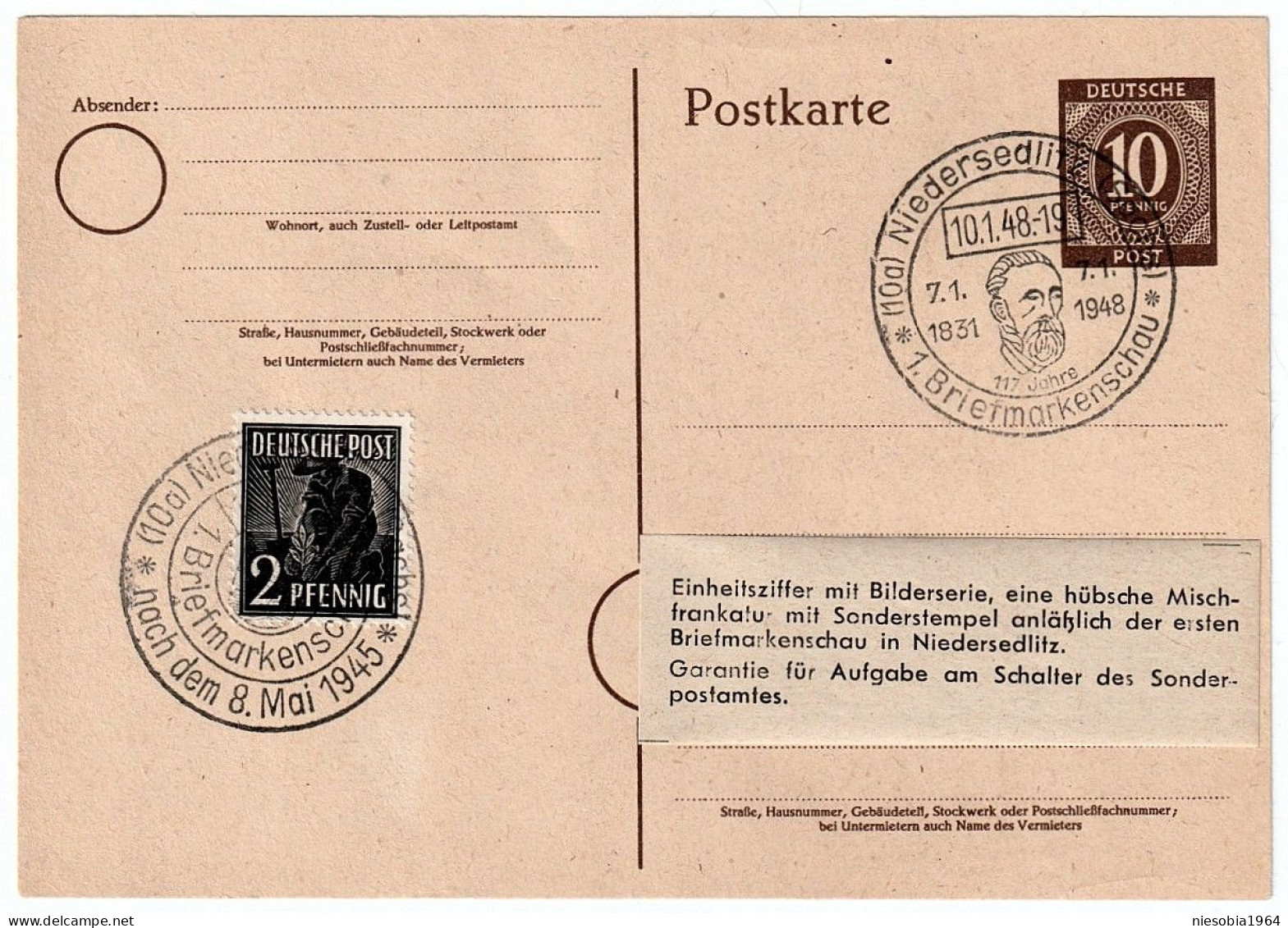 FDC 10 Pfennig Postcard With  2 Pfennig Stamp - 10/1/1948 Werner Horst Kempe Dresden P.O.Box No. 55 - Otros & Sin Clasificación