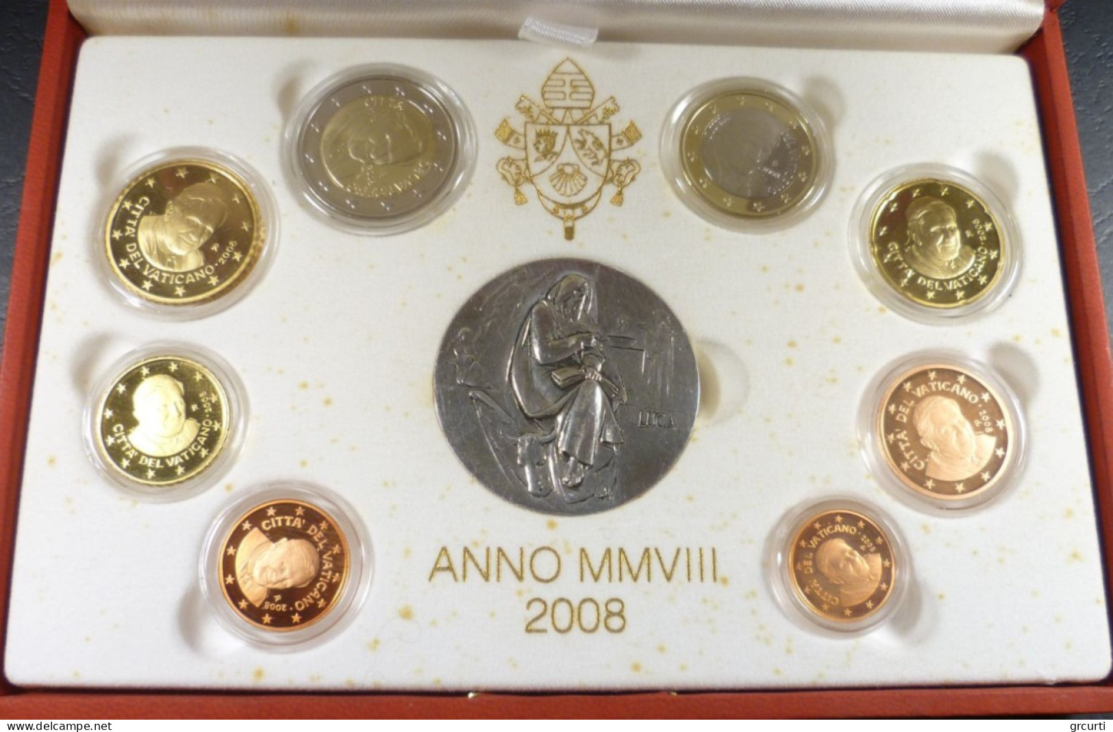 Vaticano - 2008 - Benedetto XVI - Serie Zecca 8 Valori Fondo Specchio - Con Medaglia In Argento - Vatican