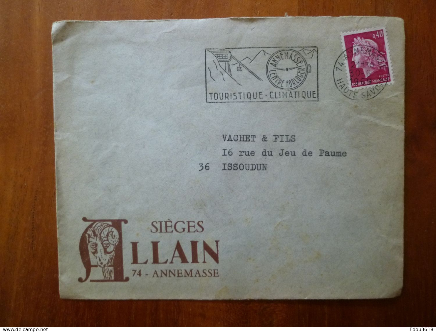 Enveloppe Sièges Allain Flamme Annemasse Centre Horloger 74 Haute Savoie 1969 G - 1961-....