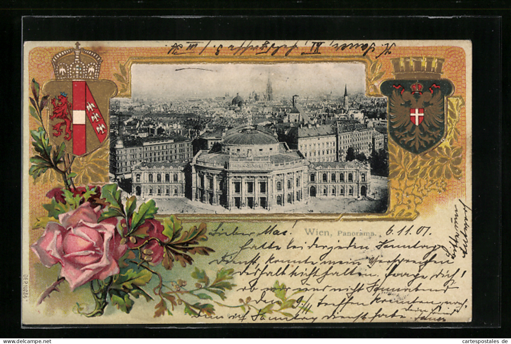 Passepartout-Lithographie Wien, Panorama, Eingerahmt Von Wappen Und Rose  - Sonstige & Ohne Zuordnung